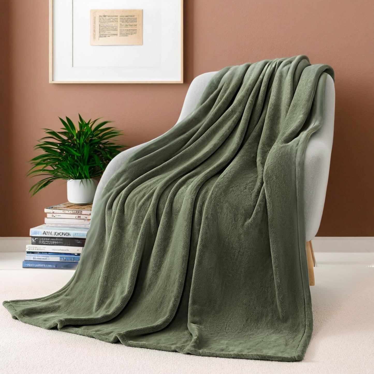 Luxury Fleece Blanket, Queen Size 87x85 Inches, Olive Green Microfiber, Lightweight Plush Throw for All Seasons, Modern Contemporary Style