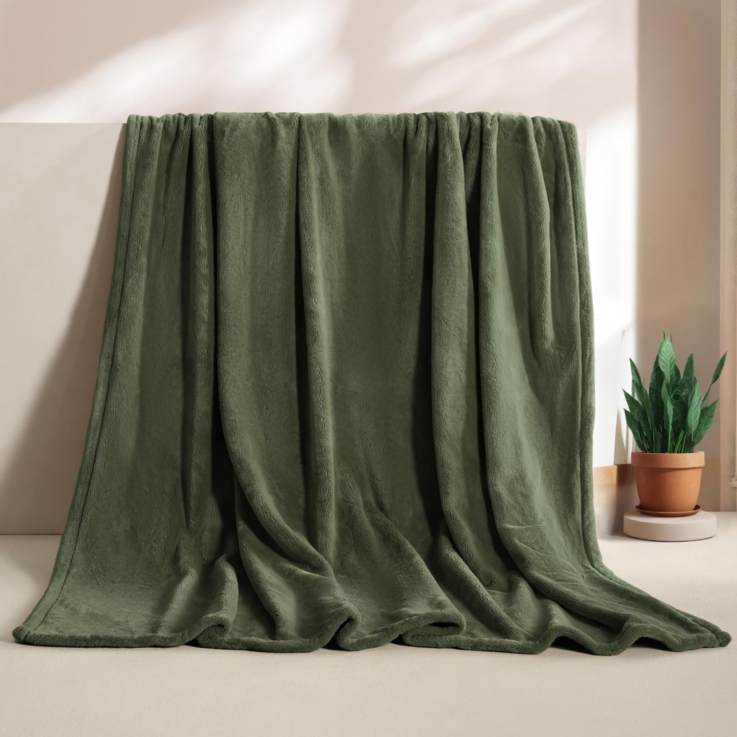 Luxury Fleece Blanket, Queen Size 87x85 Inches, Olive Green Microfiber, Lightweight Plush Throw for All Seasons, Modern Contemporary Style