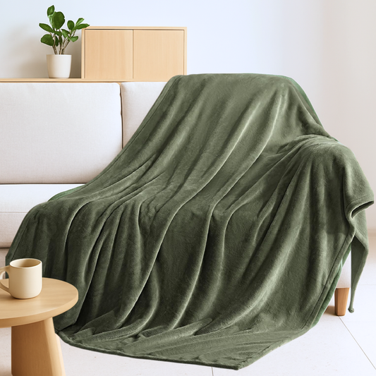 Luxury Fleece Blanket, Queen Size 87x85 Inches, Olive Green Microfiber, Lightweight Plush Throw for All Seasons, Modern Contemporary Style